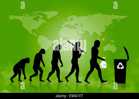 Écologie - Recycler l'évolution avec évolution de l'homme, poubelle et carte de terre en arrière-plan. Banque D'Images