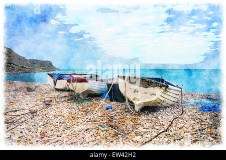 Bateaux de pêche sur la plage de Chesil à Cove, sur près de Portland, dans le Dorset Weymouth Banque D'Images