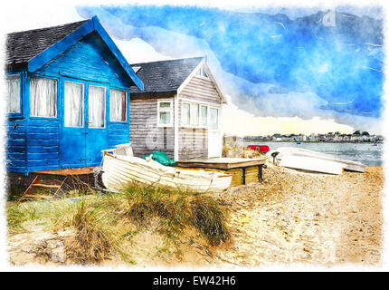 Cabanes de plage et bateaux en dunes de sable de Mudeford crachent sur Hengistbury Head près de Christchurch dans le Dorset Banque D'Images