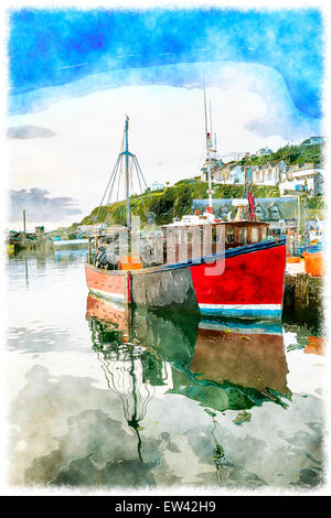 Vieux bateau de pêche en bois amarré à Mevagissey Harbour à Cornwall Banque D'Images