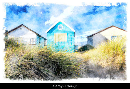 Cabines de plage de dunes de sable de Mudeford crachent sur Hengistbury Head près de Christchurch dans le Dorset. Banque D'Images