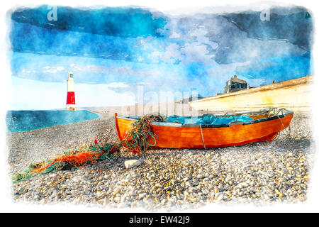 Bateau de pêche Orange sur plage de Chesil à Portland près de Weymouth sur la côte jurassique du Dorset Banque D'Images