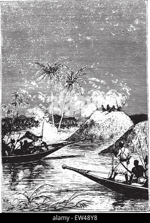 Tous ont tiré sur l'un des bateaux, vintage engraved illustration. Illustration de Vecteur