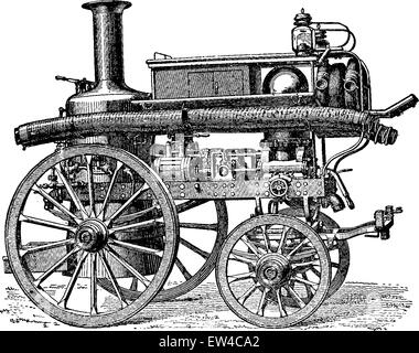 La pompe à incendie et de vapeur d'équilibre du mouvement de trois corps, vintage engraved illustration. Encyclopédie industrielle E.-O. Lami - 1875 Illustration de Vecteur