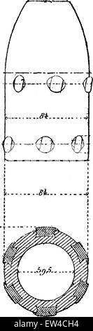 Les ailettes projectile, 4 obus, vintage engraved illustration. Encyclopédie industrielle E.-O. Lami - 1875. Illustration de Vecteur