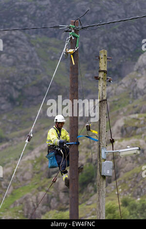 Un ingénieur réalise des opérations de maintenance sur un poteau d'électricité dans les régions rurales du nord du Pays de Galles. Banque D'Images