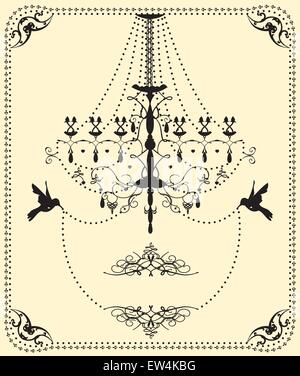 Carte d'invitation de mariage vintage avec un design élégant, lustre et d'oiseaux, sur jaune. Vector illustration. Illustration de Vecteur