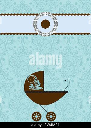 Carte d'invitation de douche de bébé vintage avec un élégant design floral abstrait, bébé bleu avec brown baby carriage. Illus vectoriel Illustration de Vecteur