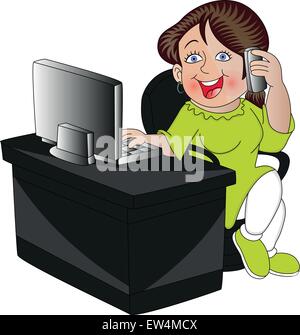 Vector illustration of Woman talking on cell phone et à l'aide d'ordinateur. Illustration de Vecteur