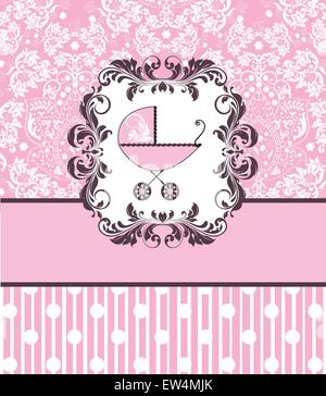 Carte d'invitation de douche de bébé vintage avec un design rétro élégant abstract floral rose, avec poussette, Polka Dots et st Illustration de Vecteur