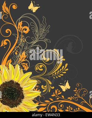 Carte d'invitation Vintage Retro élégant décoré abstract floral design, jaune et orange, les fleurs et les feuilles sur le noir backgrou Illustration de Vecteur