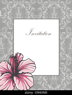 Carte d'invitation Vintage Retro élégant décoré abstract floral design, fleurs roses et blanches et de feuilles sur fond gris w Illustration de Vecteur