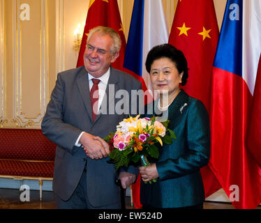 (150618) -- PRAGUE, Juin 18, 2015 (Xinhua) -- Le président tchèque Milos Zeman (L) se réunit, lors de la visite du vice-Premier ministre chinois Liu Yandong à Prague le 17 juin 2015. (Xinhua/Qian Yi) Banque D'Images