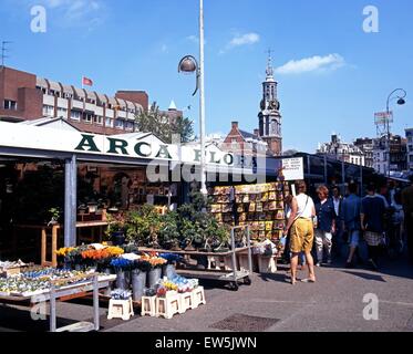 Les touristes à se promener dans le marché avec le marché aux fleurs à l'avant-plan, Amsterdam, Hollande, Pays-Bas, l'Europe. Banque D'Images