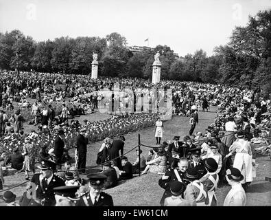 Célébrations du Jour de la victoire à Londres à la fin de la Seconde Guerre mondiale. Certains de l'immense foule rassemblée près du Canada porte à Green Park près de Buckingham Palace pour les célébrations. 8e mai 1945. Banque D'Images