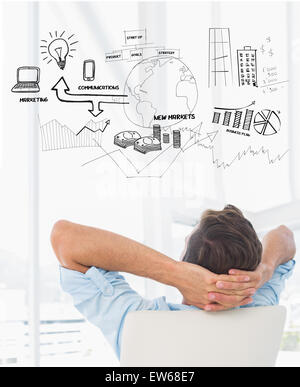 Image composite de la vue arrière d'un casual man resting with hands behind head in office Banque D'Images