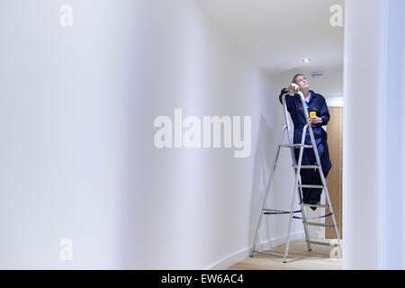 Female Electrician l'installation de lumières au plafond Banque D'Images