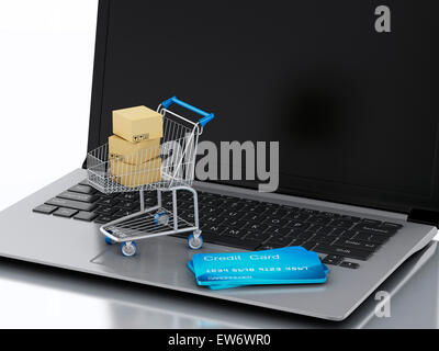 Image 3d. Ordinateur portable avec panier et les cartes de crédit. Concept d'achat en ligne. Banque D'Images
