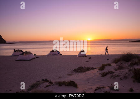 Mexique, Baja, Lapaz, Espiritu Santo. Camping au coucher du soleil. Banque D'Images