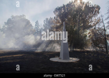Modesto, Californie, USA. 18 Juin, 2015. La fumée était la seule chose qui reste autour d'une structure en béton qui ont survécu à un incendie qui a exécuté le jardins de lotus sur l'avenue Algonquin North California Highway 108, le jeudi 18 juin 2015. Un déménagement rapide poussée par le vent, feu d'herbe dans le nord de Modesto, CA détruit plusieurs structures une longue étendue le long de la rivière Stanislaus. Les pompiers de juste au sujet de chaque ministère dans le Comté de Stanislaus a répondu à l'incendie qui menace plus d'une douzaine de maisons. Credit : Marty Bicek/ZUMA/Alamy Fil Live News Banque D'Images