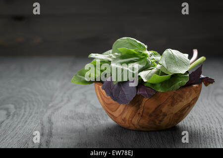 Feuilles de basilic vert et violet en bois bol sur table en bois Banque D'Images