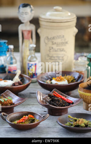 Une sélection de plats indonésiens y compris nasi campur, curry de poisson, poulet frit avec piment vert sambal. Banque D'Images