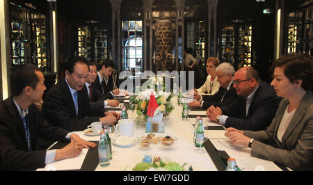 Saint-pétersbourg, Russie. 19 Juin, 2015. Président de l'agence de presse Xinhua Cai Mingzhao (2L) rencontre avec le directeur général de l'agence de presse Tass Sergey Mikhaylov (2e R) à Saint-Pétersbourg, Russie, le 19 juin 2015. © Jia Yuchen/Xinhua/Alamy Live News Banque D'Images