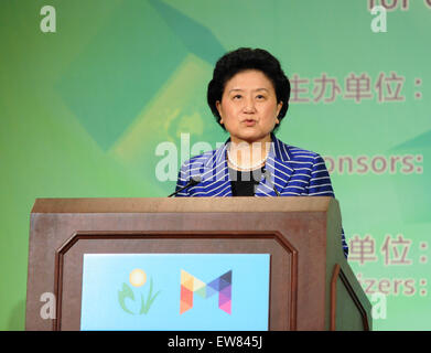 (150619) -- Pittsburgh, 19 juin 2015 (Xinhua) -- le vice-Premier ministre chinois Liu Yandong parle lors d'une cérémonie pour le 10e anniversaire de la "Chunhui Cup' l'innovation et l'esprit de la concurrence pour les étudiants chinois d'outre-mer à Pittsburgh, la deuxième plus grande ville dans l'État américain de Pennsylvanie, 19 juin 2015. Liu Yandong vendredi a appelé à poursuivre les échanges entre jeunes de la Chine et les États-Unis dans le domaine de l'innovation et l'entrepreneuriat. (Xinhua/Bao Dandan) Banque D'Images