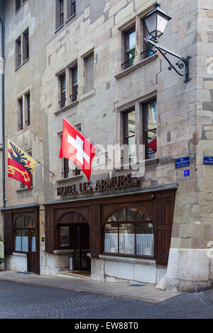 Entrée de l'hôtel les armures sur rue otto barblan dans la vieille ville de Genève Banque D'Images