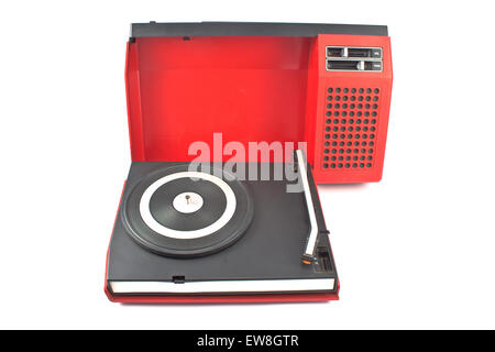 Vintage record player - portable turntable isolated on white Banque D'Images