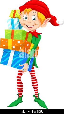 Lutin de Noël portant une pile de cadeaux de Noël, vector illustration Illustration de Vecteur