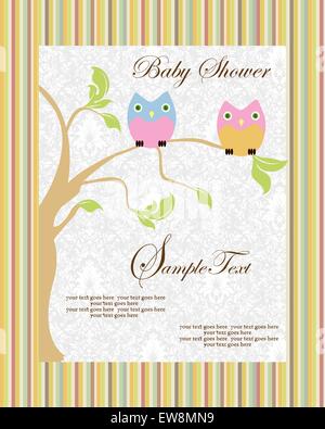 Carte d'invitation de douche de bébé vintage avec des rétro élégant abstract floral tree design, arbre avec bébé bleu et rose sur les chouettes Illustration de Vecteur