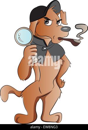 Vector illustration de chien avec une loupe et fumer une pipe. Illustration de Vecteur