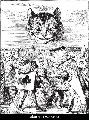 Bourreau fait valoir avec le roi à propos de couper la tête du chat de Cheshire - Alice's Adventures in Wonderland gravure originale Illustration de Vecteur