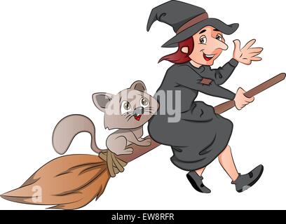 Vector illustration d'une sorcière gaie et cat équestre sur un balai. Illustration de Vecteur