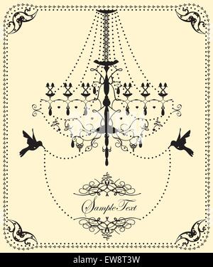 Carte d'invitation de mariage vintage avec un design élégant, lustre et d'oiseaux, sur jaune. Vector illustration. Illustration de Vecteur