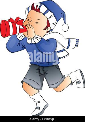 Vector illustration of boy wearing santa hat and blowing party horn blower. Illustration de Vecteur