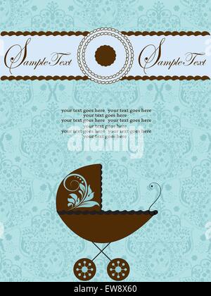 Carte d'invitation de douche de bébé vintage avec un élégant design floral abstrait, bébé bleu avec brown baby carriage. Illus vectoriel Illustration de Vecteur