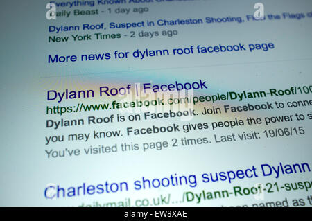 Facebook : 20 Juin, 2015. Page Facebook de tir toit Dylann suspect qui a été supprimée. Victimes de Charleston adresse tir le tireur Dylann Toiture en cour au cours de l'audience de cautionnement Banque D'Images