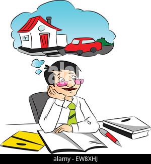 Vector illustration of businessman rêver à une nouvelle maison et de votre voiture tout en travaillant au bureau. Illustration de Vecteur