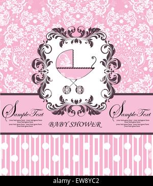 Carte d'invitation de douche de bébé vintage avec un design rétro élégant abstract floral rose, avec poussette, Polka Dots et st Illustration de Vecteur