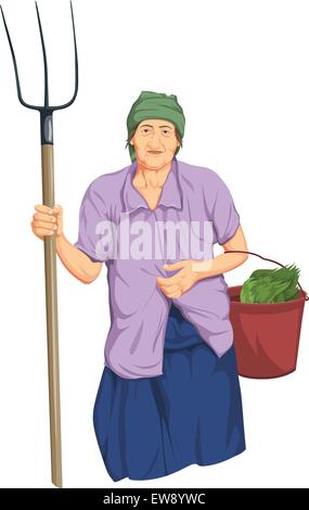 Vector illustration of woman holding pelle et seau de légumes dans les mains. Illustration de Vecteur