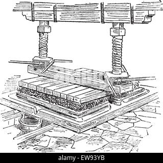 Vieille illustration gravée de l'extraction de l'huile par presse hydraulique. Dictionnaire des mots et des choses - Larive et Fleury ? 1895 Illustration de Vecteur