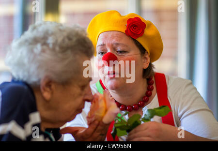 Schwerin, Allemagne. Le 05 juin, 2015. Clown à l'hôpital 'Kiki' (Kerstin Daum, R) est titulaire d'une rose fraîchement cueillie blossom comme Prueter Edith résident inhale le parfum lors d'une tournée à travers les pupilles de l'infirmière 'Augustenstift' soins infirmiers à Schwerin, Allemagne, 05 juin 2015. Les clowns ont été visiter les malades atteints de démence et les personnes ayant besoin de soins une fois par mois depuis deux ans. Photo : Jens Buettner/dpa/Alamy Live News Banque D'Images