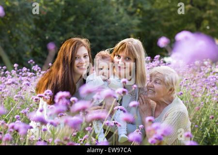 Quatre générations de belles femmes debout dans un champ de lavande Banque D'Images