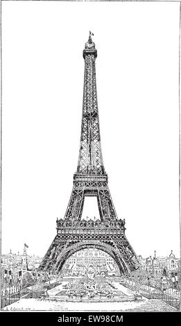 Tour Eiffel, soulevée par l'ingénieur Gustave Eiffel, vintage engraved illustration. Dictionnaire des mots et des choses - Larive Illustration de Vecteur
