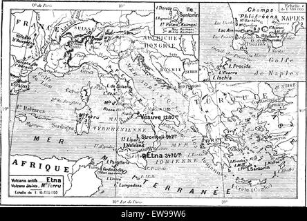 Carte des volcans de la Méditerranée, l'Italie, la Grèce, vintage engraved illustration. Dictionnaire des mots et des choses - Larive et Illustration de Vecteur