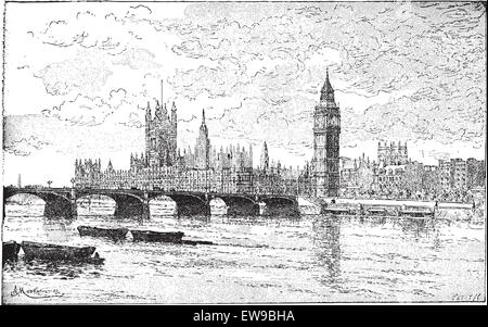 Le pont de Westminster et les chambres du Parlement, Londres, Angleterre, vintage engraved illustration. Dictionnaire des mots et des choses Illustration de Vecteur