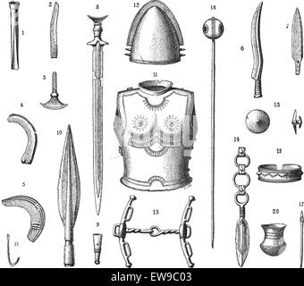 Blindés et d'armes pendant le jeune âge du Bronze, vintage engraved illustration. Dictionnaire des mots et des choses - Larive un Illustration de Vecteur