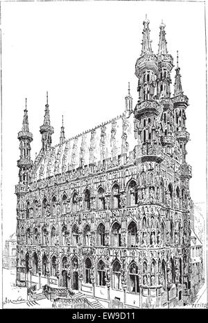 Hôtel de ville de Louvain, vintage engraved illustration. Dictionnaire des mots et des choses - Larive et Fleury - 1895. Illustration de Vecteur